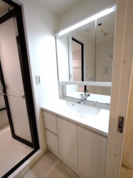 　鏡裏収納の付いた三面鏡洗面化粧台。ボウルも広く快適に身支度が行えます。