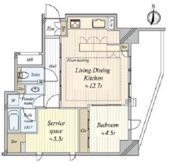 　11階　南東角部屋　53.79平米　1SLDKの間取り。