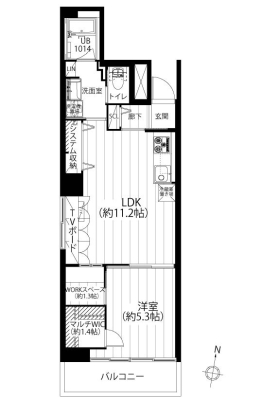 　9階の南西角部屋、44.80平米　1LDK+WIC+WSタイプ