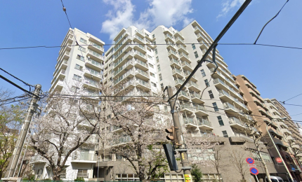 現地外観写真　桜並木がキレイな神田川沿いに建つ、真っ白の堂々とした佇まい