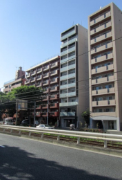 現地外観写真　新目白通り沿いに位置している「ル・リオン西早稲田」です。