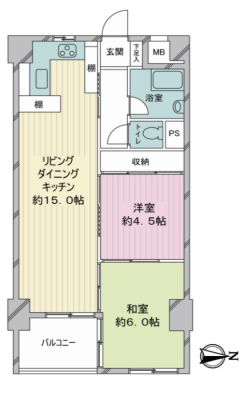 　和室のある2LDKマンションです。キッチンは作業のしやすいＬ字型で左右には収納に便利な棚があります。